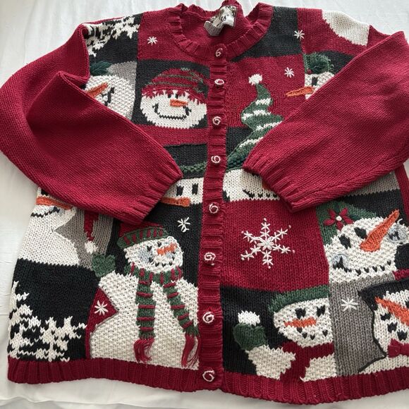 Vintage Tiara International Christmas Sweater Snowmen Faces Cardigan 90's Size M - Picture 3 of 15
